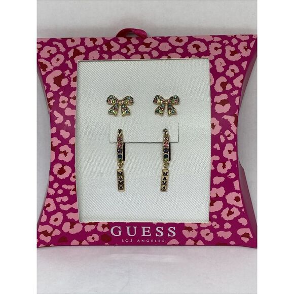 Guess A11905-21 Gold-Tone 2-Pc Set Multicolor Bow & Mama Earrings MSRP $25 G28 - Picture 1 of 5
